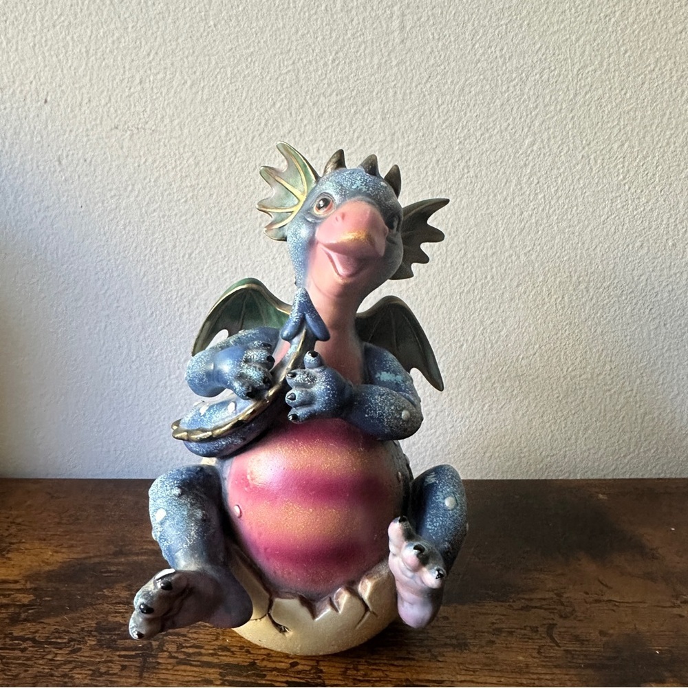 Vintage Franklin Mint Mood Dragon "Musical" Figurine Lute Blue Egg Hatchling
